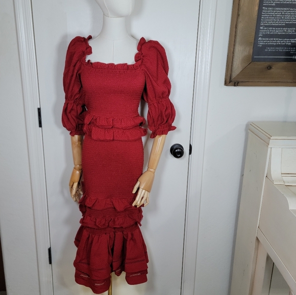 Rachel Parcell Red Smocked Midi Dress Size Small Holiday Christmas Party Dress - Picture 1 of 10